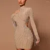 Casual Dresses Sexy For Women Sheath Diamond Beaded Full Sleeve Bodycob Mini Length Elegant Evening Night Party Club Vestidos Mujer