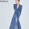 Vestido de Duas Peças Koijizayoi Elegante Feminino Conjunto Denim 2 Peças Casual Manga Longa Jeans Curto Blazer Casaco E Cintura Alta Envoltório Saia Longa Ternos 230801