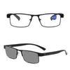 Occhiali da sole Unisex Occhiali da lettura pocromici Anti-luce blu Montatura in metallo per esterni Occhiali da presbiopia HD Diottrie da 1.0 a 4.0