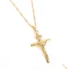 Pendant Necklaces 24K Gold Color Cross Chain Men Crucifix Necklace Women Jesus Yellow Filled Jewelry Drop Delivery Pendants Dhadf