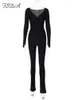 Женские брюки с двумя частями FSDA 2023 Черные спортивные костюмы Женщины с длинными рукавами и леггинсами повседневные наборы клубных нарядов сексуальны