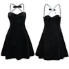 Sukienki swobodne ręcznie robione rękawe gwóźdź Pasek Bow Seksowna impreza klubowa kobiety ubranie wiosna czarna aksamitna mini linia