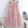 Skirts SURMIITRO Patchwork Tulle Long Skirt For Women 2023 Summer Korean Cute Bow A Line High Waist Pleated Mesh Midi Female Pink