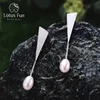 Stud Lotus Fun Real 925 Sterling Silver Natural Pearl Boucles d'oreilles à la main Fine Jewelry Triangle Water Drop Dangle Boucles d'oreilles pour les femmes 230731