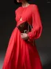 Casual Dresses SweetSince Celebrity Red Long Dress Women Pleated Round Neck Lantern Sleeve Sexig ihålig hög midja stor gunga