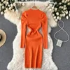 Casual Dresses 2023 Design Women's O-neck Candy Color Puff Long Sleeve Knitted Knee Length Pencil Dress