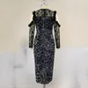 Casual Dresses Sexy Sequined For Women Black Cold Shoulder Full Sleeve Sheath Mid Calf Elegant Evening Night Party Dinner Vestidos