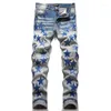 Męskie dżinsy 2023 Jesień mody Mężczyźni High Street Blue Star Patch Slim Fit Denim Pants Vaqueros Hombre