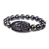 Strand Fooderwerk Jóias 12MM Alta Qualidade Natural Preto Obsidiana Esculpida Buda Amuleto da Sorte Contas Redondas Pulseira Para Mulheres Homens