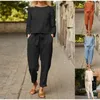 Kadınlar İki Parçalı Pantolon Keten Takım Moda Düz Renk Sıradan iki parçalı 2023 Dış Ticaret İlkbahar ve Yaz Basitliği Retro Elastik Bel