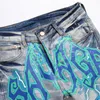 Mäns jeans män trycker jeans streetwear bokstäver Lightning Painted Stretch Denim Pants Vintage Blue Ripped Button Fly Slim avsmalnande byxor 230731