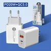 20W Quick QC3.0 Type C Chargers USB-C EU US Wall Plug PD Fast Charger For Samsung S22 S23 Xiaomi Huawei Android Mobile Phone Adapter