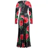 Повседневные платья Женщины с длинным рукавом Hollow Out платье 2023 Осенний цветочный высокий талия Эластичный элегантный бохо o-neck vestido robe maxi elegante