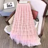 Skirts TIGENA Fashion Tiered Tutu Tulle Long Skirt Women 2023 Summer Korean Sweet Pink Polka Dot Print High Waist Maxi Female