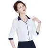 Camicette da donna Camicia con scollo a V con risvolto blu coreano Camicia casual a maniche lunghe Elegante patchwork bianco Top classico formale da ufficio Autunno