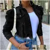 Women'S Jackets Womens Autumn Women Puff Sleeve Hole Denim Plus Size Single Breasted Short Jean Jacket Female 2021 Ripped Streetwear L Dhjd5