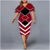 Plus Size Dresses Womens Bodycon Elegant Geometric Print Evening Party Dress Layered Bell Sleeve Casual Club Outfits Drop Delivery App Dhm82