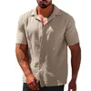 Camisetas Masculinas Gola Grande Verão Casual Lapela Cor Sólida Manga Curta Botão Camisa de Linho Manga Longa Feminina