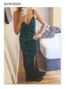 Abiti da festa Royal Blue Paillettes Backless Slip Mermaid Lungo di lusso con scollo a V Abito da cocktail senza maniche con spacco elasticizzato in velluto