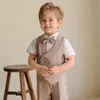 Conjunto de terno listrado caqui infantil suspensórios menino shorts longo colete camisa gravata borboleta roupas crianças casamento festa de aniversário traje 230801