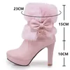 Bottes Hiver Femmes Mode Bottes À Talons Hauts Rose Blanc Noir Pompon De Fourrure Noeud Papillon Belle Lolita Dames Parti Chaussures De Mariage size32-43 230801