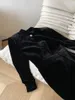 Sıradan Elbiseler Siyah Velvet Küçük Stand Yakası İnci Matkap Toka Damla Şekillendirilmiş Düzlemeli İnce Gece Elbise