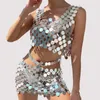 Skirts IngeSight.Z Sexy Metal Disc Body Chain for Women Trendy Silver Color Sequins Harness Underwear Belly Chain Mini Skirt Festival 230731