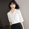 Vrouwen Blouses 2023 Zomer Koreaanse Versie Chiffon Revers Korte Mouw Modieuze Elegante Losse Vrouwen Kleding T57