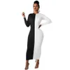 デザイナーのマキシドレス女性長袖ボディコンドレスセクシーな黒い白いパッチワークプリントロングドレスパーティーナイトクラブウェアバルク卸売服9079