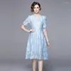 Robes de travail - French Niche Gentle Bubble Sleeve Bleu Jacquard Nail Bead High Sens Robe de longueur moyenne Femme