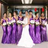 2020 Sexy violet paillettes sirène robes de demoiselle d'honneur col en V profond sans manches dos nu longueur de plancher, plus la taille formelle fête de mariage G219y