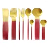 Dinnerware Sets 24Pcs Matte Red Gold 18/10 Stainless Steel Wedding Birthday Cutlery Set Knife Fork Spoon Silverware Tableware