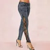 Women's Jeans High Waist 2023 Spring Lace Stitching Fashion Retro Grey Sexy Skinny Pants Pencil Strech For