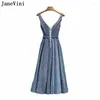 パーティードレスJanevini Shiny Blue Mid Length Enveys Women for Wedding Cocktail Sexy VネックAラインフォーマルガウン2023