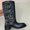 MIUI Cuir en cuir bouclé Vache de vache Biker Boots Bottes de genou Chunky Talon Zip Knight Bot