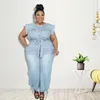 Broek Casual Plus Size Vrouwen Kleding Zomer 2023 Jeans Jumpsuit Denim Playsuit Met Sjerpen Zakken Bandage Bodycon Rompertjes Overalls