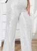 Pants Straight For Women Loose Fit White Diamonds Full Length Summer Stylish Elegant Evening Party Club Plus Size Trousers 2023