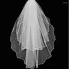 Bridal Veils 2023 Wedding Veil Two Layer Short White Elbow Length Pearl Tulle Ribbon Satin Trim Edge