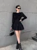 Abiti casual QWEEK Slim Black Wrap Dress Donna Vintage Office Ladies Increspato Manica lunga Corta 2023 Abiti moda autunno