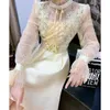 Casual Dresses Women Sweet Mesh Beading Long Lantern Sleeve A-Line Mini Dress Spring Autumn Elegant Vintage Ball Gowns Robes