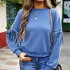 Vêtements de sport pour femmes à manches longues couleur unie gland décontracté simple col rond sweat à capuche