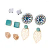 Stud Earrings 5 Pairs Women Colored Rhinestone Flower Golden Hollow Leaf Round Square Elegant Girls Fashion Jewelry Gift