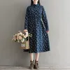 Casual Dresses 2023 Autumn Soft Women Corduroy Dress Style Long Sleeve Navy Blue Floral Print