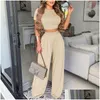 Women'S Two Piece Pants Womens Homewear Summer Women Y Wear Suit Sets Solid Plus Size Round Neck Plain Short Sleeve Crop Top Wide Leg Dhvow