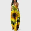 Casual Dresses Sexig Sunflower Print Women Elegant ärmlös lång pullover -klänning Summer Spaghetti Rem Outfits