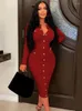 Casual Dresses Kexu Vintage Women Knit Ribbed Stretchy Long Sleeve Single Breasted tröja Bodycon Midi Dress Chic Fashion Party