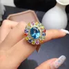 Cluster Anneaux Luxueux Rond Soleil Fleur Naturel Multicolore Saphir Gem Anneau S925 Argent Bleu Topaze Femmes Cadeau De Fête Bijoux