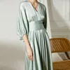 Casual Dresses Elegant Early Spring Texture V-neck Bat Sleeve Lace Up Lantern Waist Closure Medium Length Dress