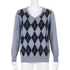 Suéteres de mujer con cuello en V negro con azul Argyle suéter informal de manga larga con dobladillo ajustado pulóver 2023 invierno estilo preppy