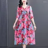 Robes décontractées 2023 véritable soie imprimé fleuri col en v robe femmes coréen Vintage fête été élégant lumière robe d'été
